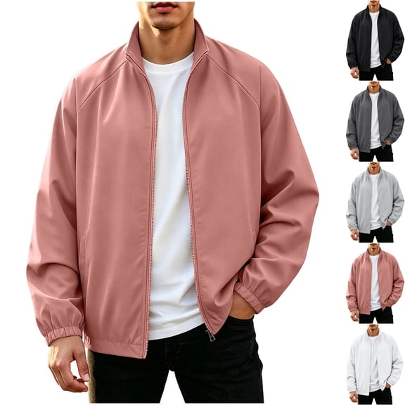 Mens Casual Bomber Jacket Windproof Mock Neck Full Zip Active Classic Fit Windbreaker Coat with Pockets for Fall Winter Streetwear Travel, Rose Gold, L