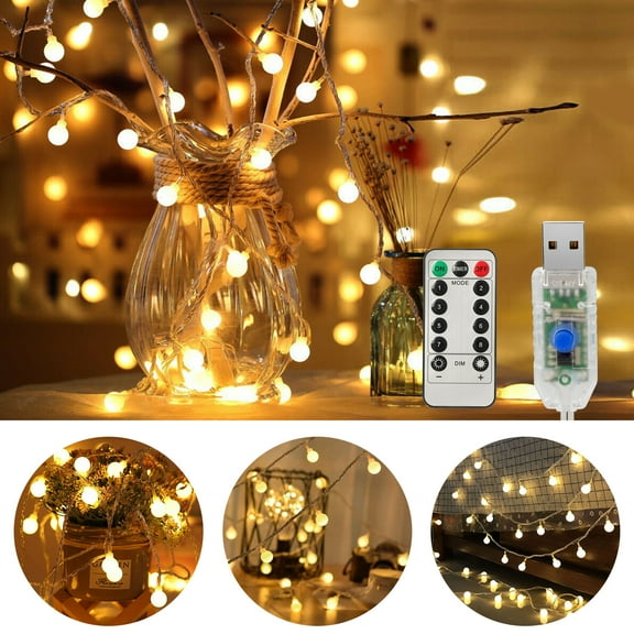 Globe Fairy String Lights, 33ft 100LEDs USB Operated String Lights with Remote, 8 Lighting Modes Christmas Starry Fairy Light for Bedroom Tree Decoration (Warm White)