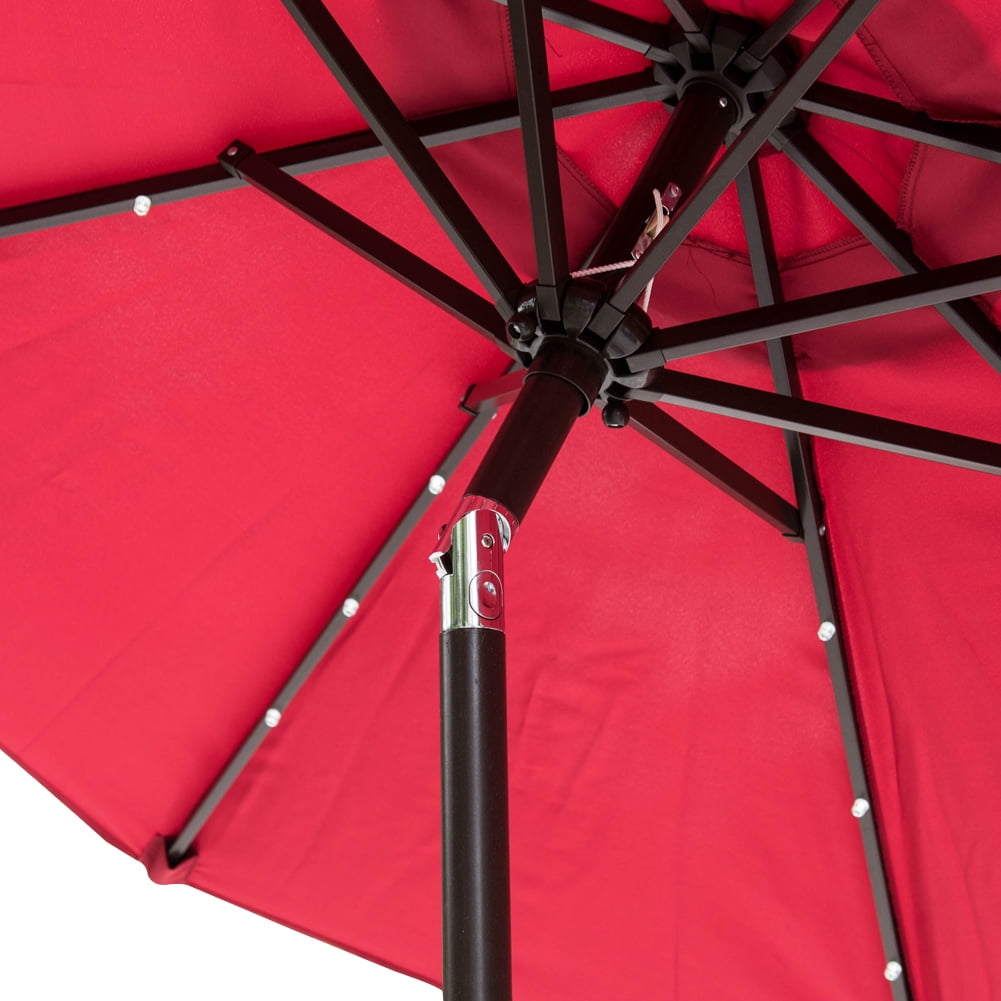 Sundale Outdoor 7 Ft Solar Powered 24 Led Lighted Patio Umbrella Table Market Umbrella With Crank And Push Button Tilt For Garden Deck Backyard Pool 8 Steel Ribs Polyester Canopy Red