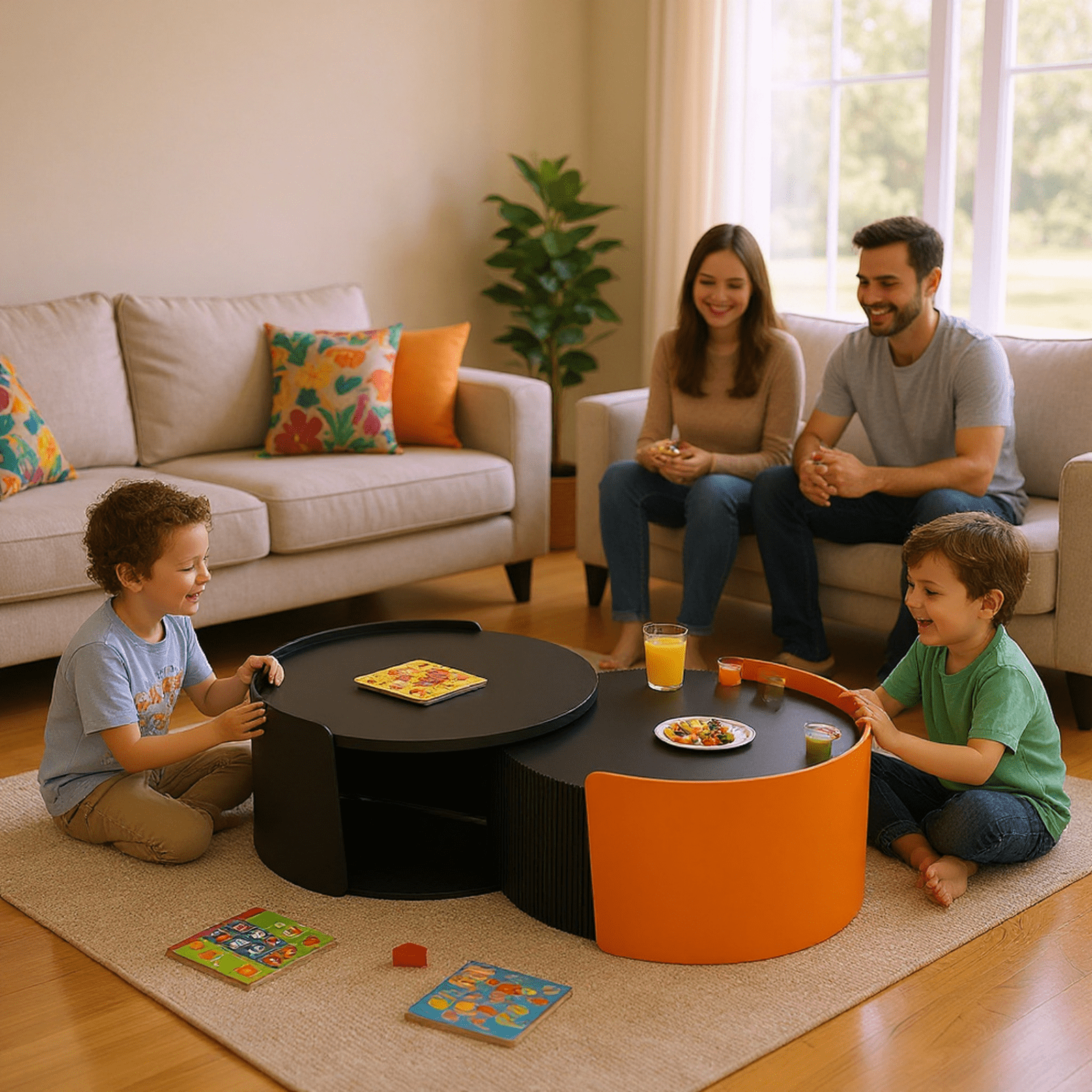 Homy Casa Modern Round Coffee Table Set with Storage, Black & Orange Finish, 2-Piece Design