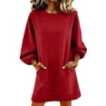 thumbnail image 2 of Women's Longline Sweatshirt, Oversized Solid Color Pullover with Pocket, Casual Round Neck Long Sleeve Top, Loose Fit Lounge Wear, Daily Wear Shirt Red M, 2 of 4