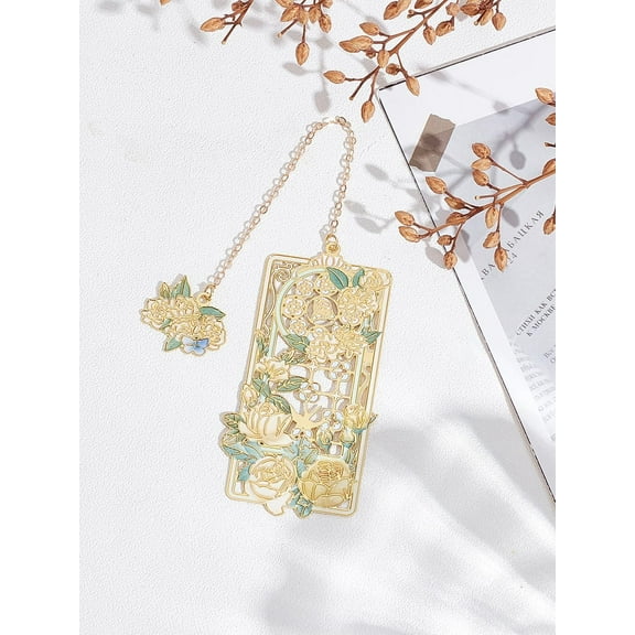 1Pc Metal Flower Pendant Bookmarker Zinc Alloy Enamel Bookmarks Pretty Book Marks for Women Book Lovers Teacher Appreciation Gifts Mother's Day Christmas New Year Birthday Gift 195mm Brown DIY
