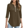 thumbnail image 2 of Blczomt Business Casual Shirts for Women Brown Tunic 3/4 Length Sleeve Shirt V Neck Fall Winter Zipper Ladies Blouses, 2 of 9