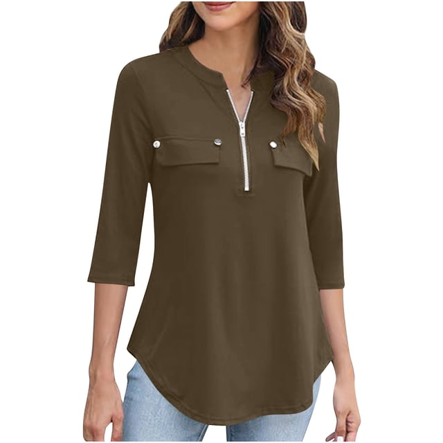 Timegard Hauts pour Femmes Col en V Fermeture Éclair Manches 3/4 Blouse Confortable Automne Tunique Décontractée pour Leggings