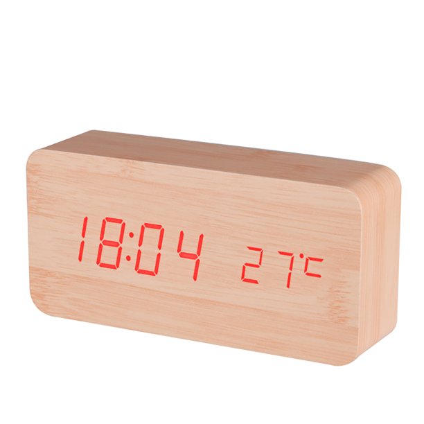 Baldr Digital Wooden Alarm Clock, Natural Wood w/ Red LED