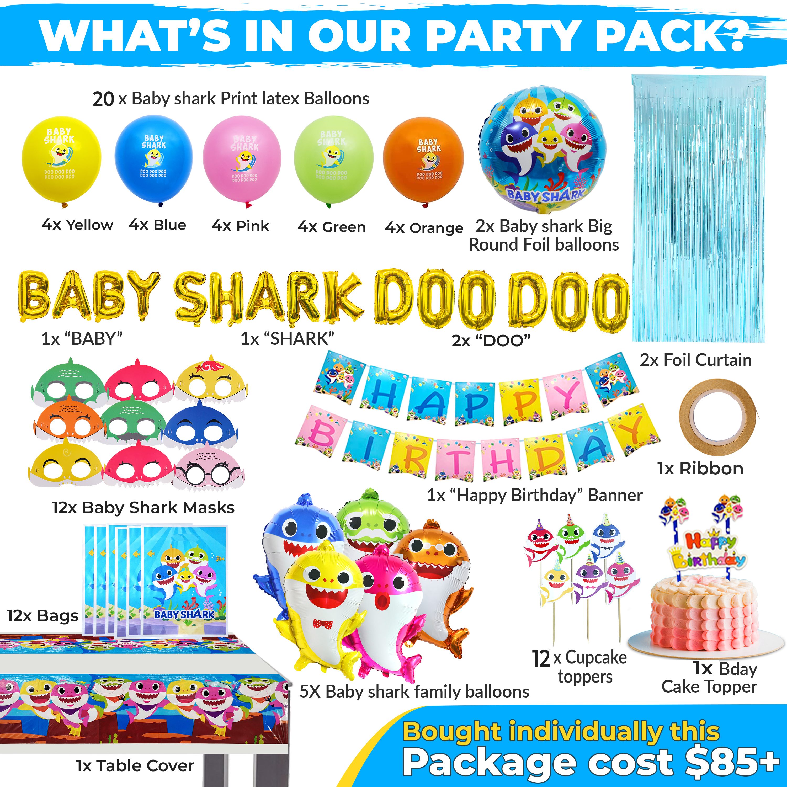 Baby Shark Doo Doo Theme Birthday Decorations - Shark Family Balloons Masks Cupcake Toppers Banner Tablecloth Shark Party Supply for Kids