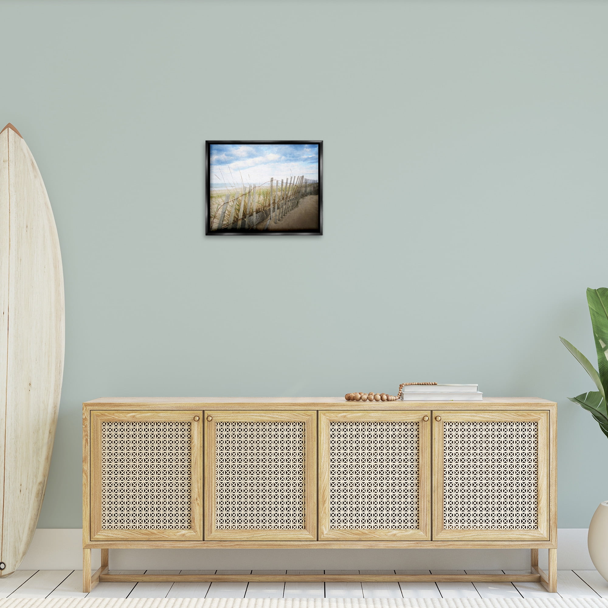 Stupell Industries Summer Beach Fence Landscape Painting Black Floater Framed Canvas Art Print Wall Art, 21 x 17