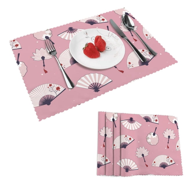 DouZhe Polyester Set de 4 Sets de Table, Rétro Rose Asiatique Ventilateurs de Main Modèle Résistant à la Chaleur Place Mats pour Table à Manger, 12 x 18 Po