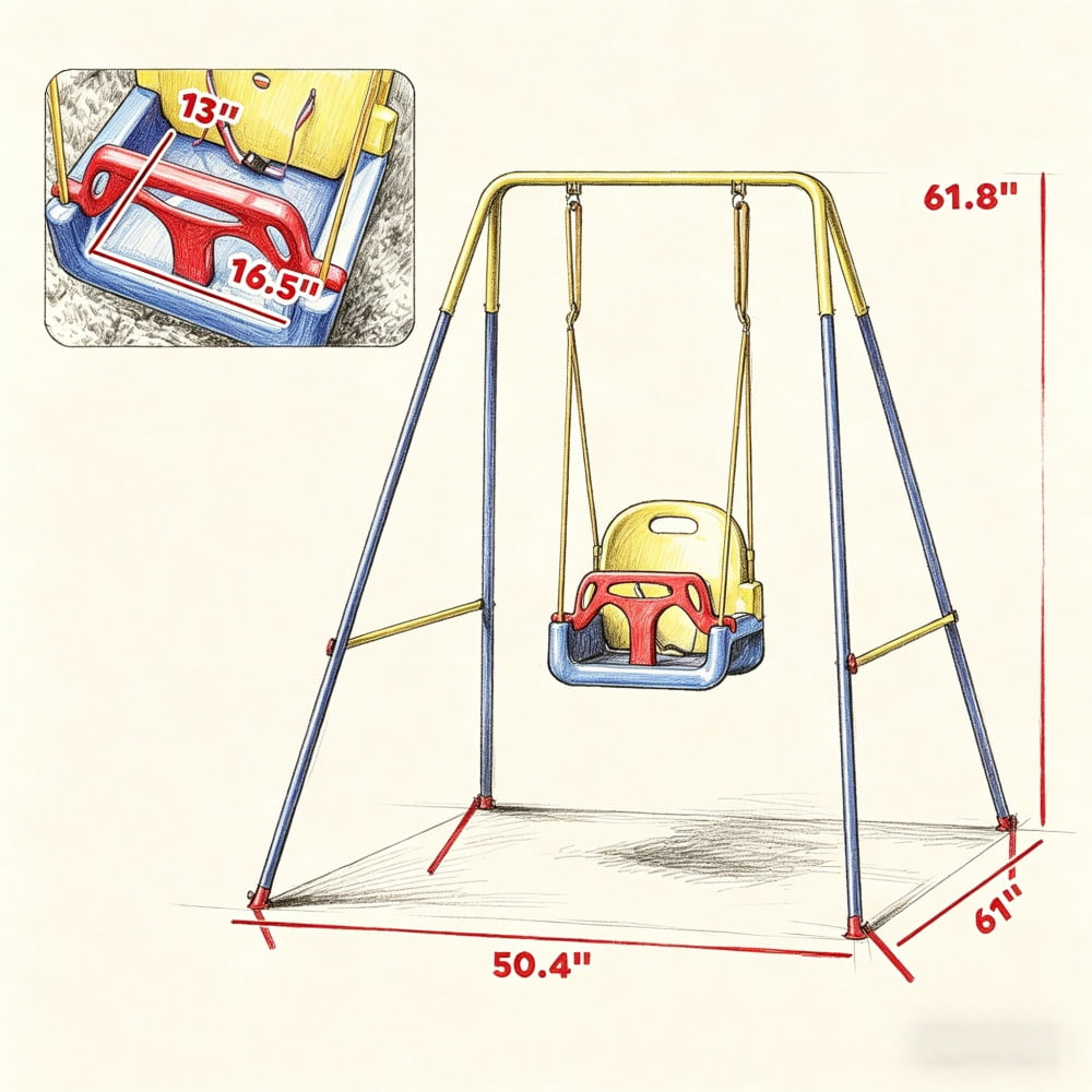 3-in-1 Kids Swing, Adjustable Height A-Frame Swing Set, Foldable Metal Swing with Safety Belt for 9 Months-8 Years, Indoor Outdoor Garden Patio
