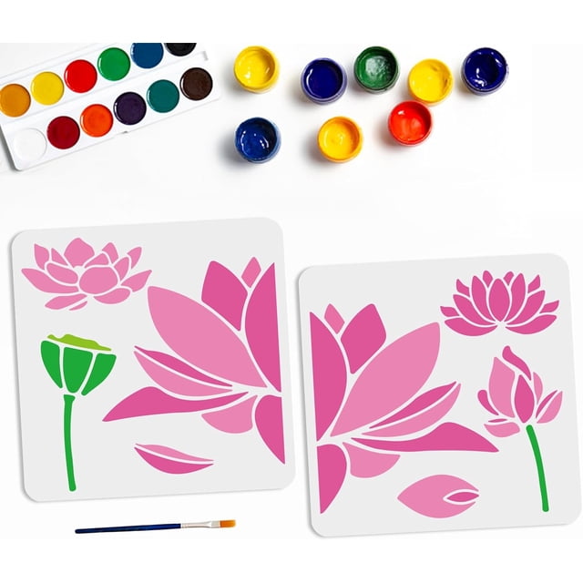 2 plantillas de loto, estilo flor de loto de verano, 11,8 × 11,8 pulgadas: dos plantillas cuadradas blancas (30 x 30 cm) con cortes de pétalos rosas y vaina verde mostradas lado a lado sobre fondo blanco con pincel plano y paleta de pinturas; ideales para decorar paredes, muebles y telas en proyectos de arte y diseño, y a menudo usadas para manualidades veraniegas.