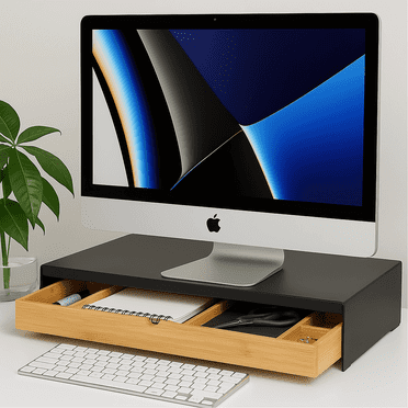Ergonomic Monitor Stand with Bamboo Drawer, Computer Riser for Desk with Storage Organizer, Desktop Shelf for Home Office