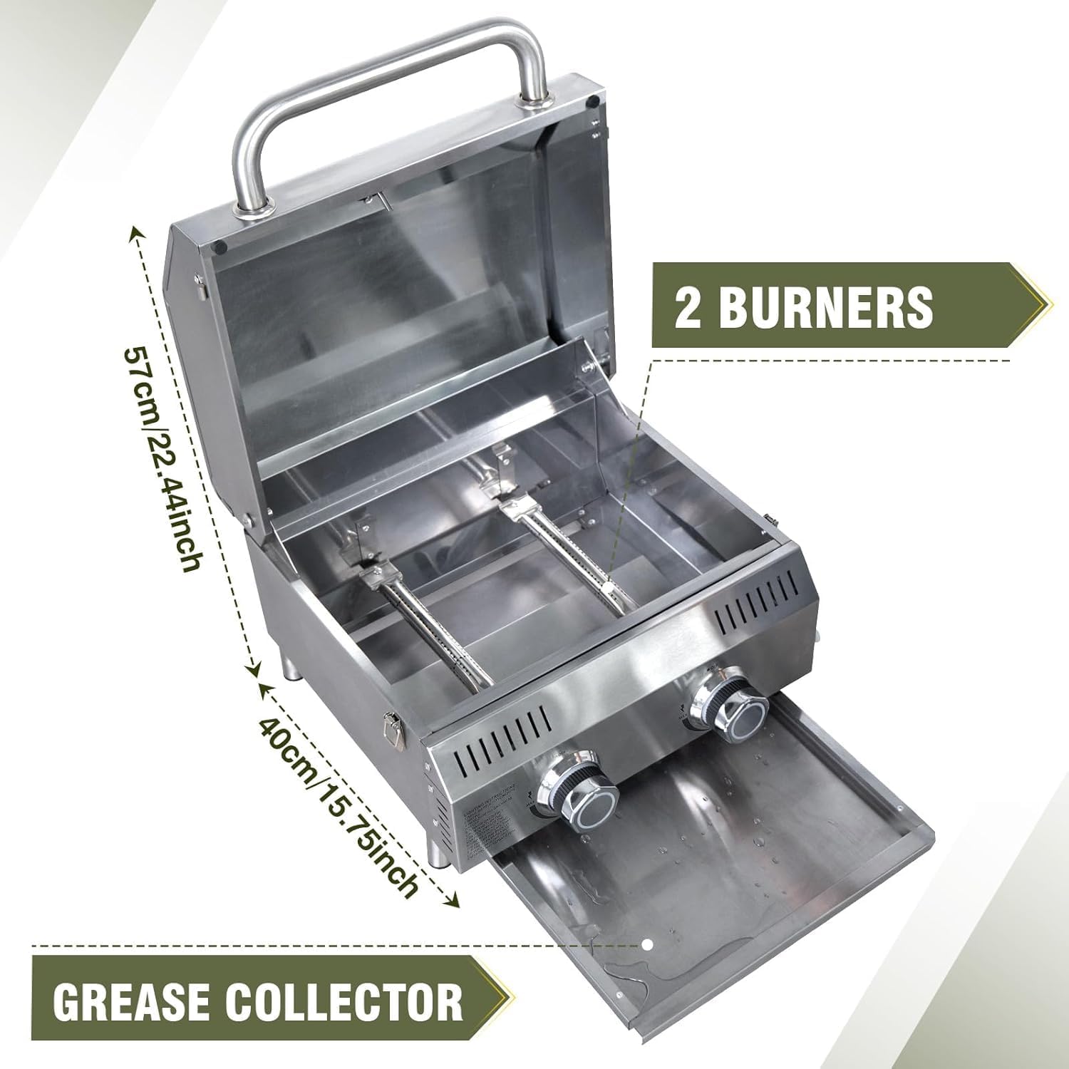 Frizi Outdoor Grill Table with 2-Burner Propane Gas Grill, Portable Stainless Steel Cooking Station with Storage Shelves, Hooks, and Locking Wheels for Tailgating, Camping & Backyard BBQ