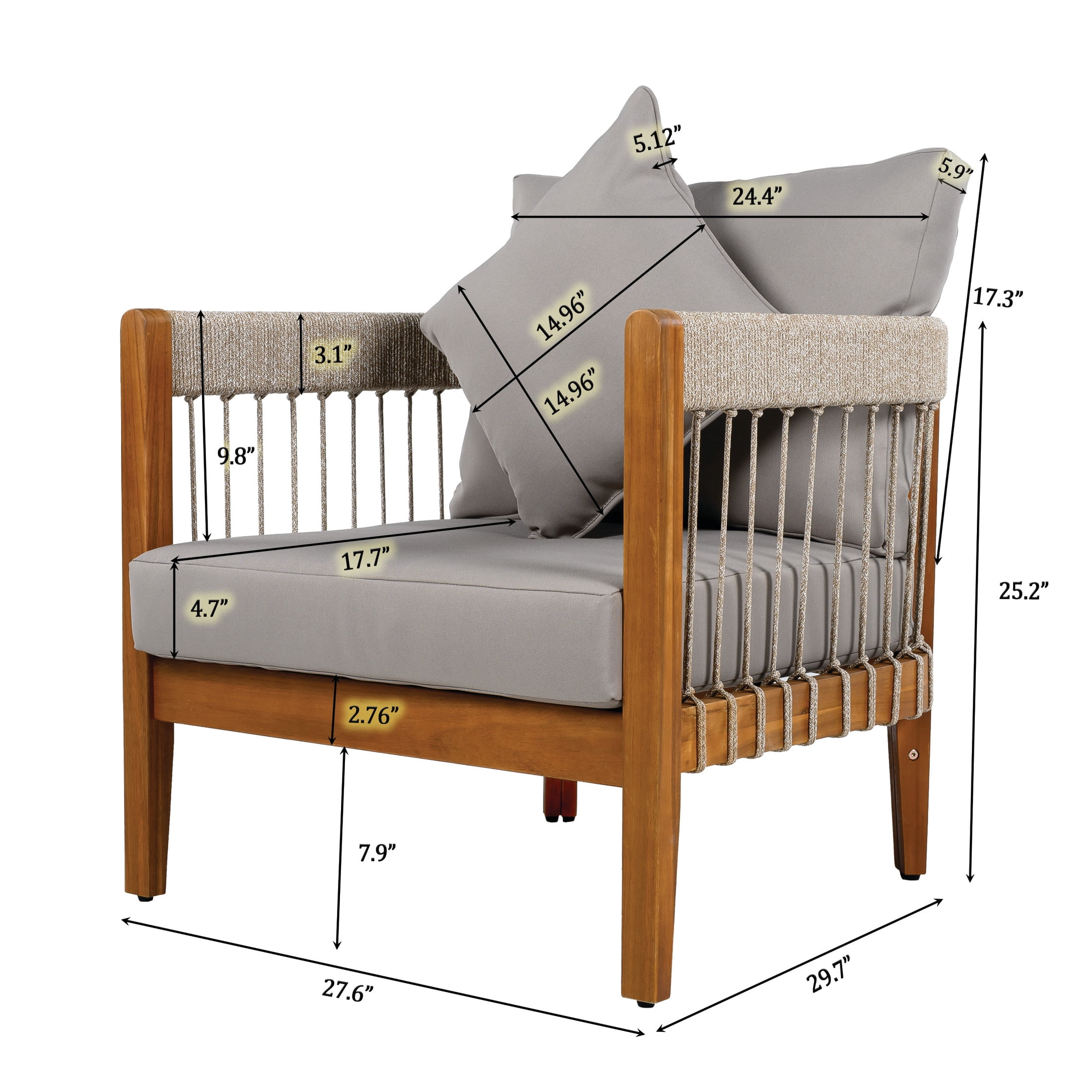 Christopher Knight Home Outdoor Woven Rope Lounge Chair with Cushions, Solid Wood Frame, Grey