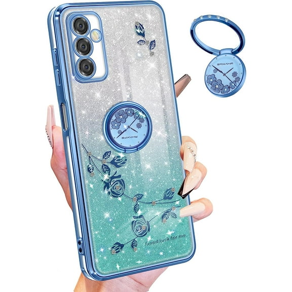 (3in1 for Samsung Galaxy A14 5G Phone Case Glitter Sparkly for Women Girls Sparkle Girly Bling Shiny Cover Cute Flowers Floral Design with Ring Pretty Blue Cases for Samsung A14 5G 6.6''