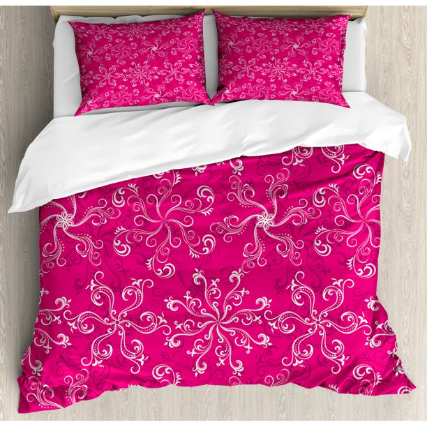 Hot Pink Duvet Cover Set, Floral Arrangement Pattern on Hot Pink