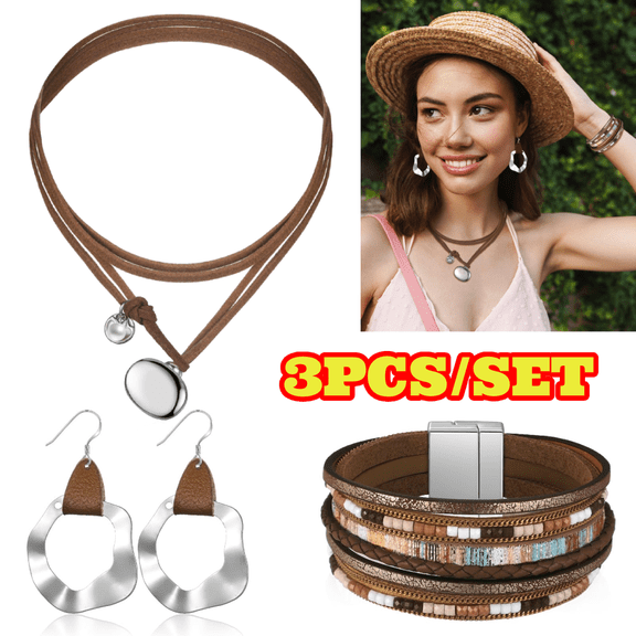 3pcs Leather Jewelry Set for Women, Boho Multi-Layer Crystal Beads Bracelet Jewelry, Pendant Long Choker, Dangle Earrings