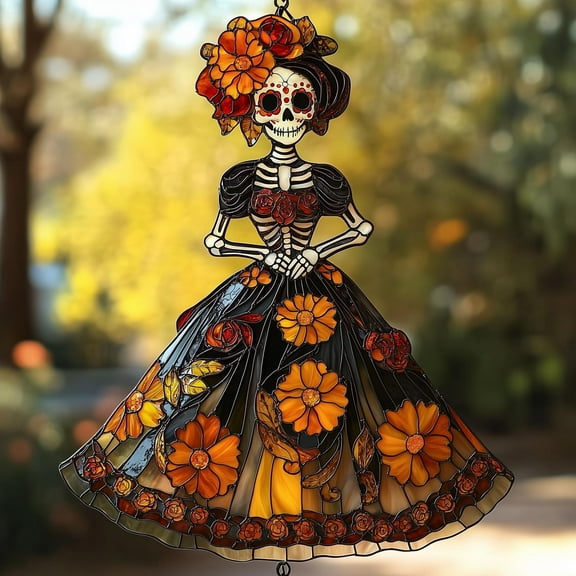 Catrina Skeleton Acrylic Suncatcher Dia De Los Muertos Faux Stained Glass Window Hanging With Marigolds, Mexican Folk Art Gift