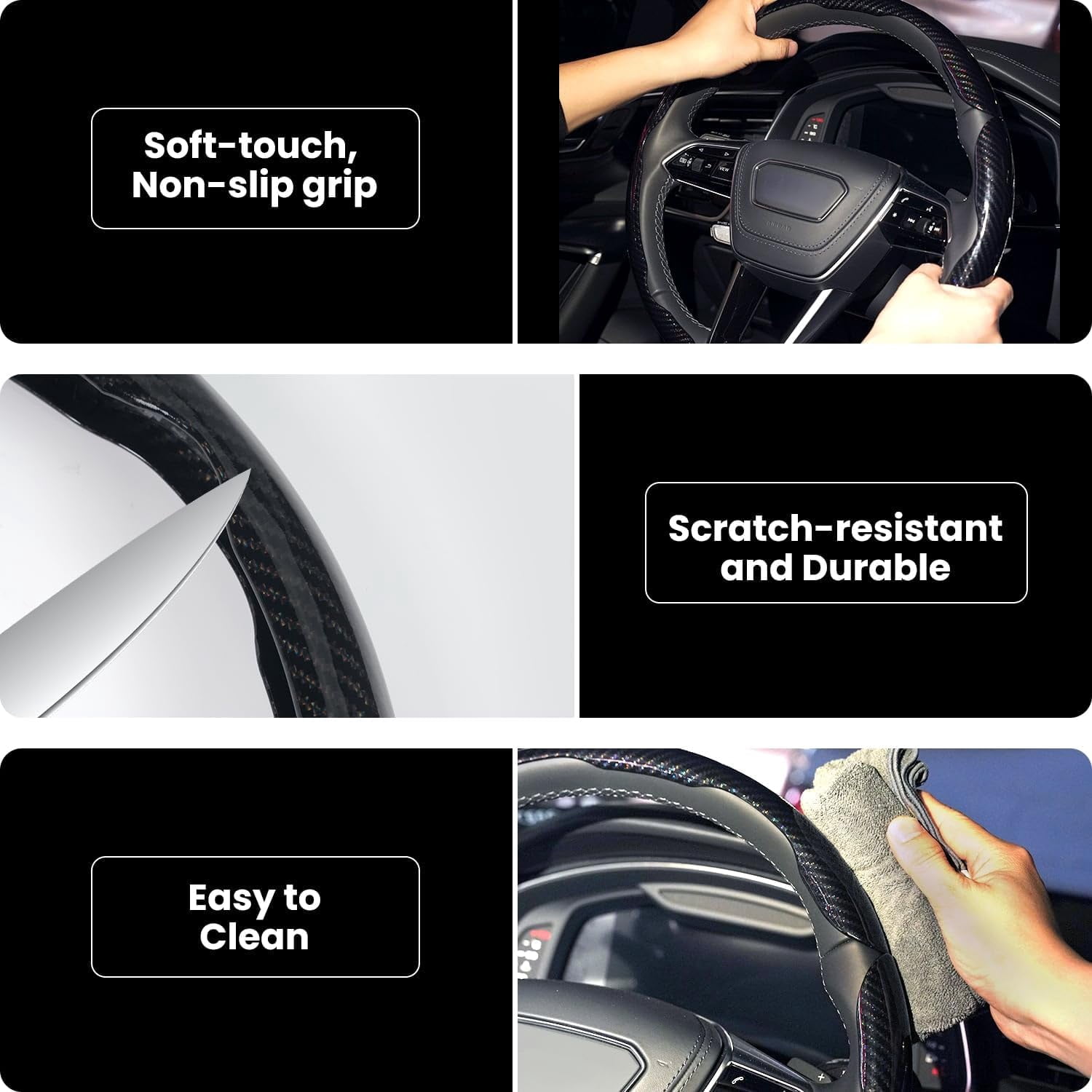 Carbon Fiber Steering Wheel Cover 3PCS Set – Anti-Slip, Scratch-Resistant, Universal Fit for 14–16 Inch Wheels – Interior Car Accessories for Cars, SUVs, Trucks (Blue)