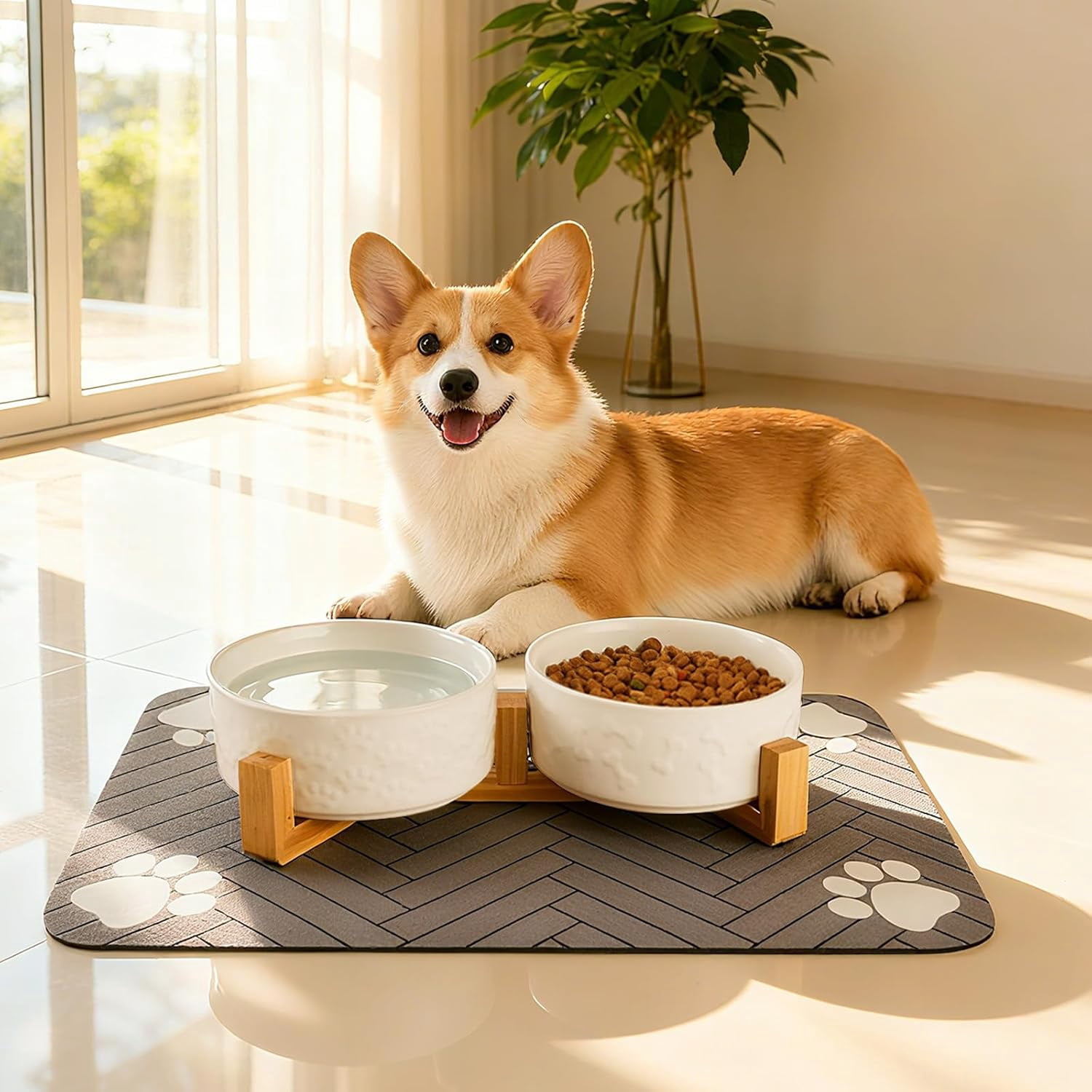 Dog Bowls Set with Wood Stand & Mat Waterproof, 3.5 Cups Ceramic Dog Bowls Elevated for Medium Dogs, Dual Food and Water Bowls with Weighted Non-Slip Base 28.7 OZ