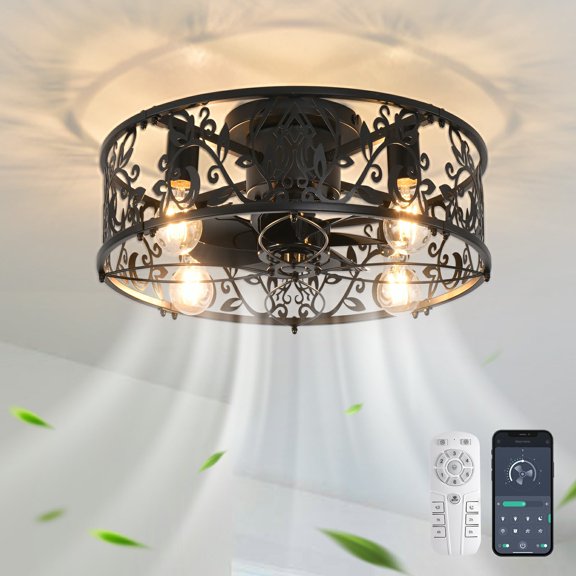 Garwarm Caged Ceiling Fan with Light, Bladeless Fandelier with Remote Control, 20" Small Low Profile Ceiling Fans Flush Mount for Office & Bedroom Assembly Require