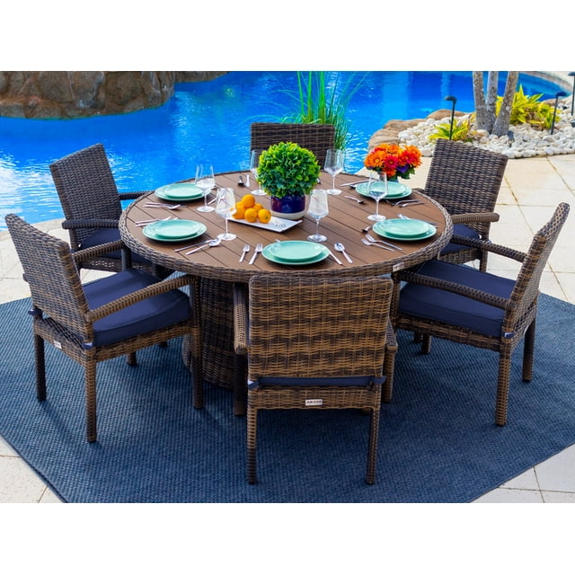 Tuscany 7-Piece Resin Wicker Outdoor Patio Furniture Round Dining Table Set with Dining Table and Six Cushioned Chairs (Half-Round Brown Wicker, Sunbrella Canvas Navy)