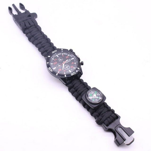Reloj de supervivencia para acampar al aire libre, pulsera multifuncional, brújula, cuerda, silbato, pulsera de paracord, kit de herramientas