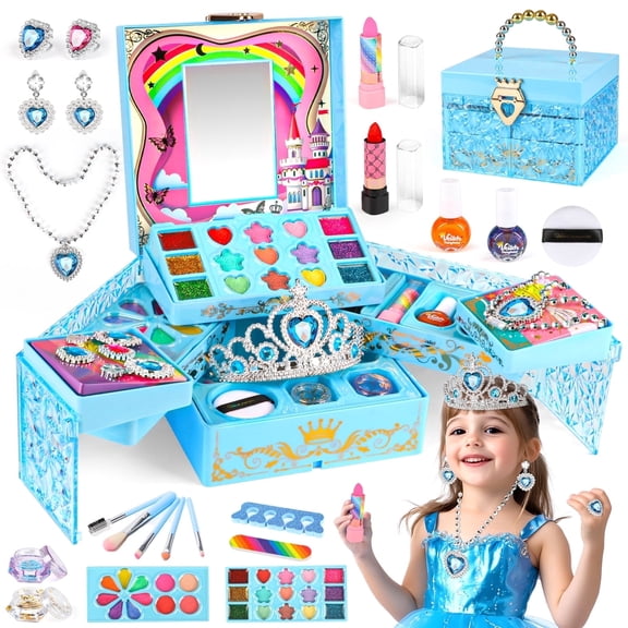 UQN Kids Makeup Kit for Girl Gifts, Frozen Toys for Girls 3-6 years, 46PCS in 1 Makeup Toys Washable Little Girls Princess Make Up Toys for 4 5 6 7 8 9 Year Old Girl Birthday Gift (Blue)