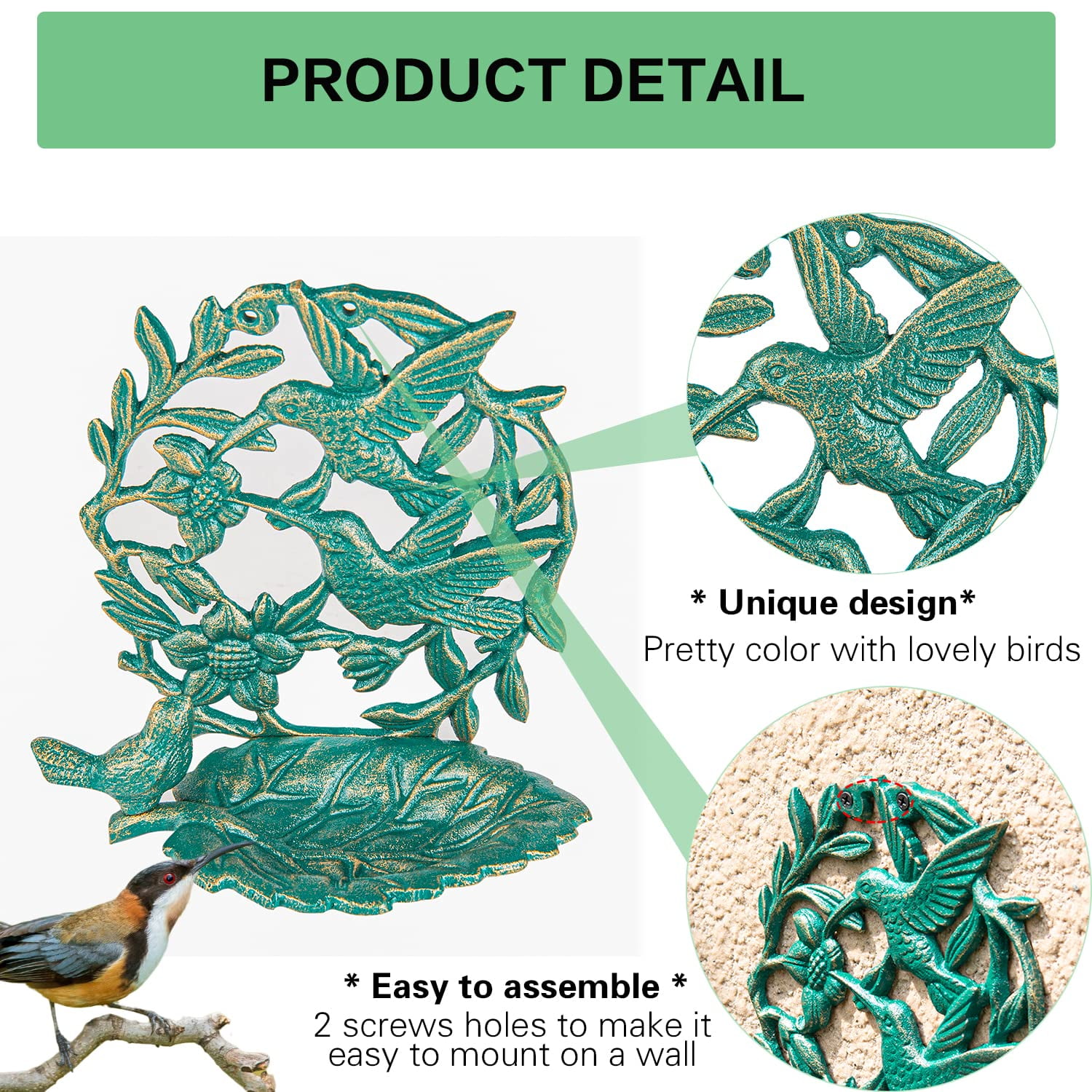 Sungmor Cast Iron Wall Mounted Bird Feeder, Cute Hummingbird Decor Small Water Bath, Wall Hanging Fence Bird Bath Feeder, Beautiful Green Birdfeeder for Garden Backyard Patio Wall Decoration