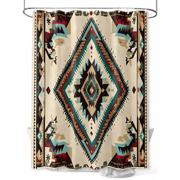 Boho Red Teal Brown Stall Shower Curtain, Waterproof Shower Curtains for Bathroom, Southwestern Vintage Geometric Washable Fabric Cloth Bath Curtain for Bathtub Decoration with Hooks 36x72 Inches