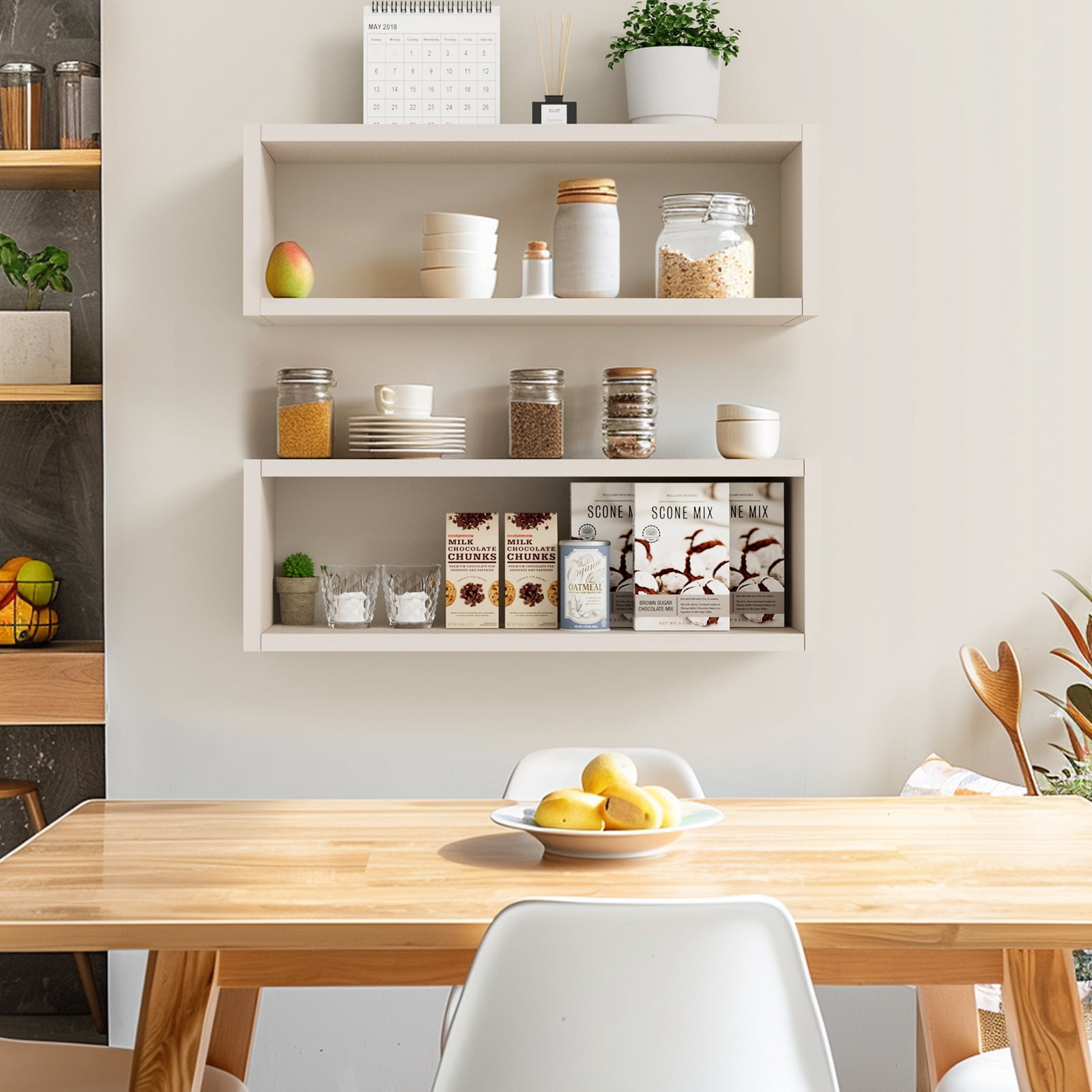 Kaboon 24" Floating Cube Shelves, Set of 2, Wall Mount Decorative Hanging Shelves, Beige Leather