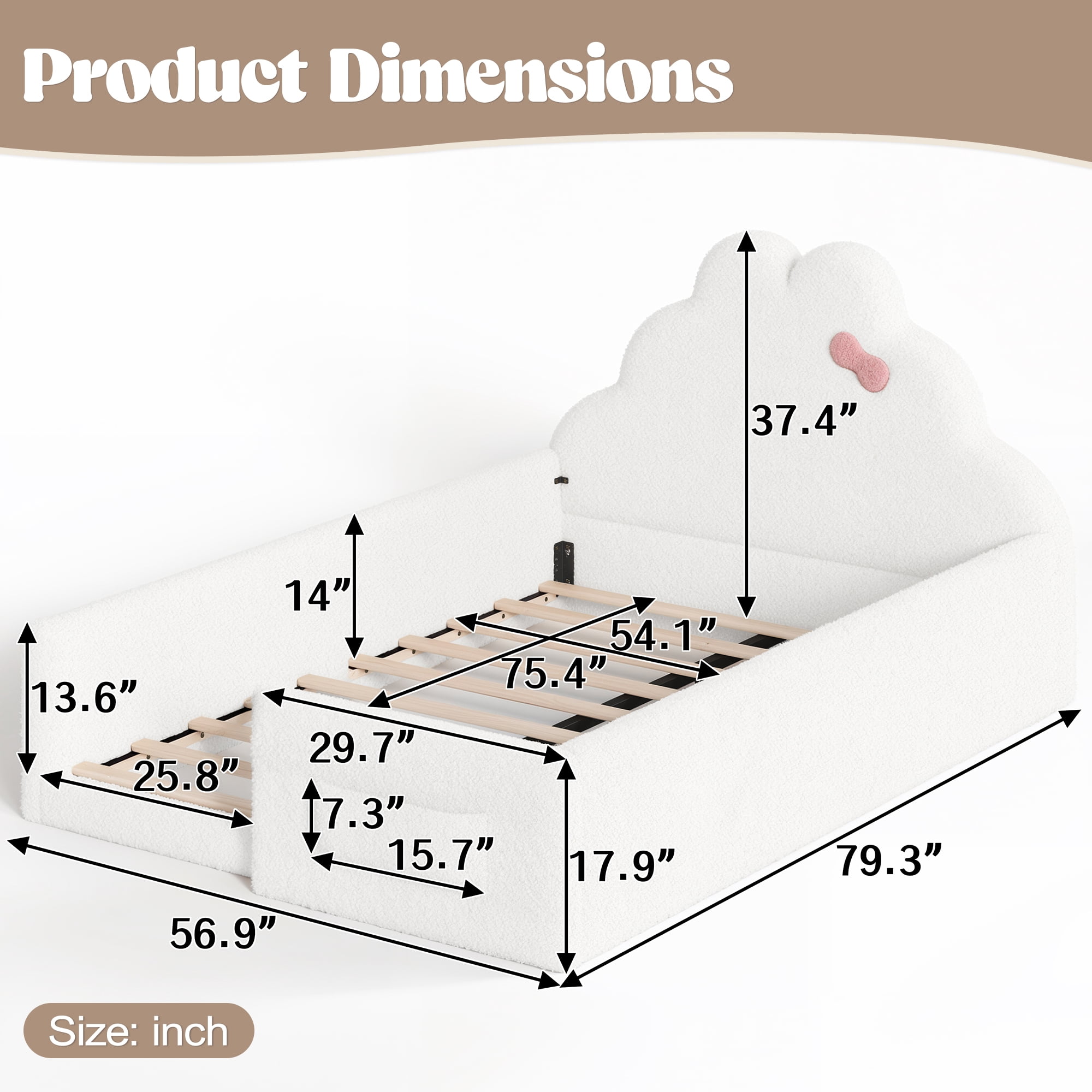 HOQBN Full Size Upholstered Floor Bed Frame, Soft Padded Upholstered Kids Bed, Safe Children Bed Frame with Side Storage Pocket for Bedroom White