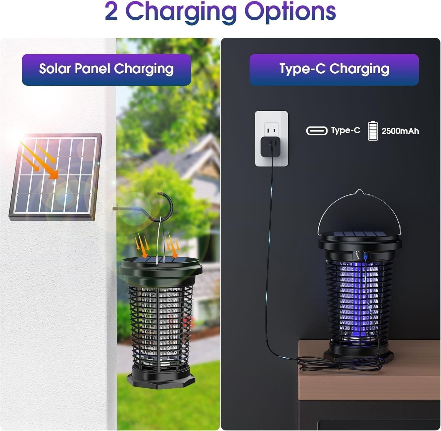 Bug Zapper for Outdoor & Indoor, USB Rechargeable Solar Bug Zapper with 5.5W
