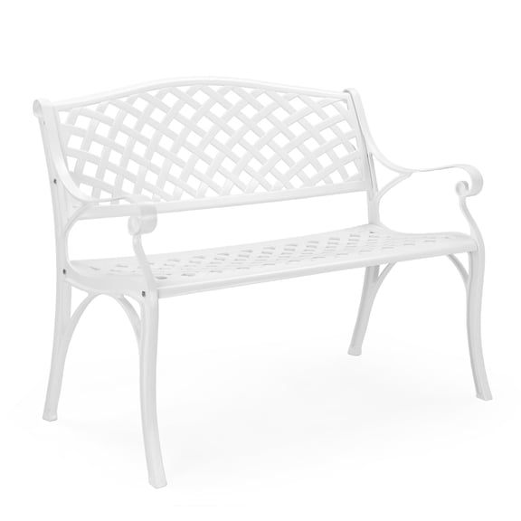 40.5 Inch Classic Garden Bench for Outdoor Use, Weatherproof Cast Aluminum Frame with Ventilated Seat, Fits Patio Yard Deck Porch, White