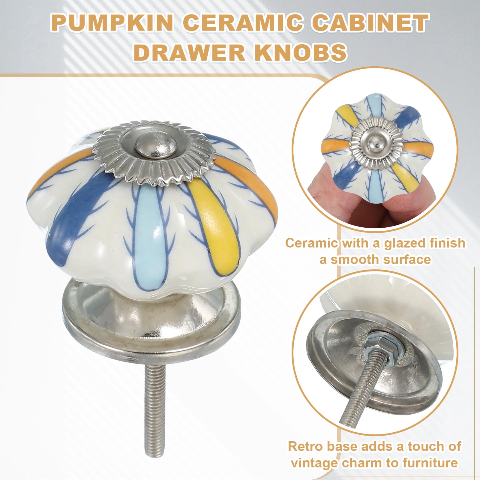 Unique Bargains Stylish Ceramic Drawer Knobs with Pumpkin Design Orange Yellow Blue Flower
