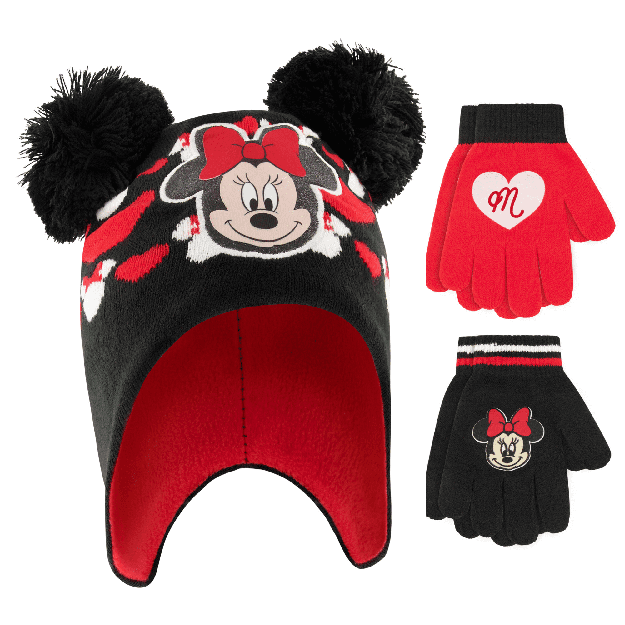 Toddler Boys Girls Mickey Mouse Fleeced Lined Hat Beanie & Mittens Set Blue Red 