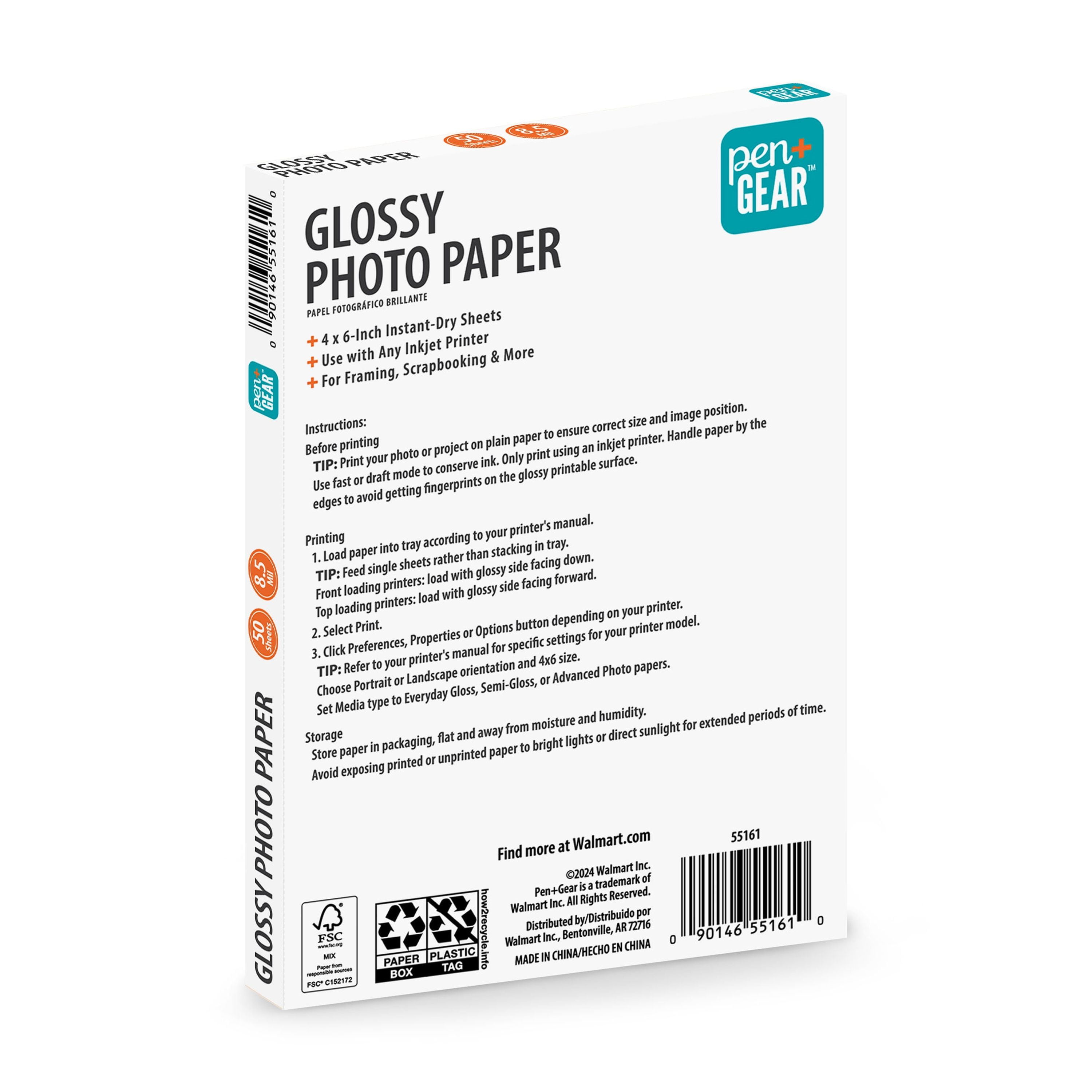 Pen+Gear White Glossy Inkjet Photo Paper, 4" x 6", 8.5 Mil, 50 Sheets, New