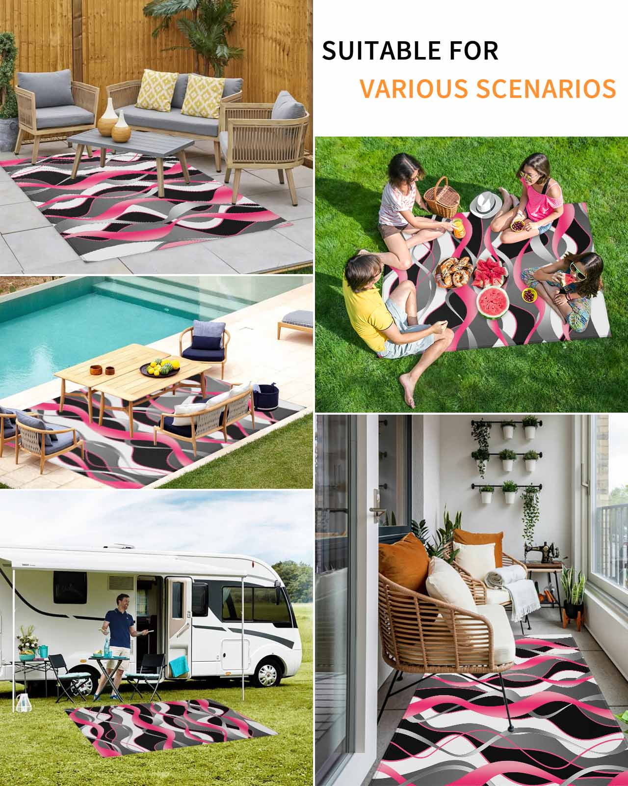 Outdoor Rug 5x8 ft Pink Black Grey Lines Waterproof Outdoor Patio Rug Mat Non Slip Outside Area Rugs Carpet for RV,Camping,Porch,Deck,Pool,Balconybackyard,Modern Abstract Stripes