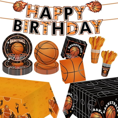 Basketball Party DecorationsEGSC 171Pcs Basketball Party Supplies Disposable Basketball Tablecloth Paper Plates Cup Napkin Plastic Fork Knives Spoon and Banner for Sports Birthday Decorations