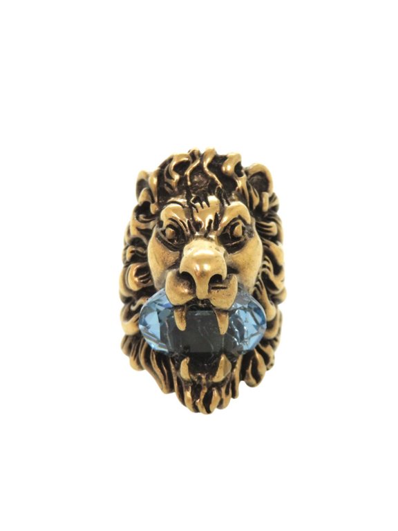Pre-Owned Gucci Lion Head Metal Stone Ring, Size #8 (approx.), Gold, 1490GUCCI