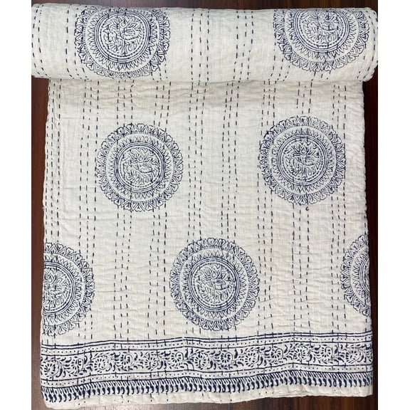 Indian Blue And White Block Print Indian Kantha Quilt â€“ Pure Cotton Bedspread, Handmade Boho Blanket for Home Decor & Daily Use