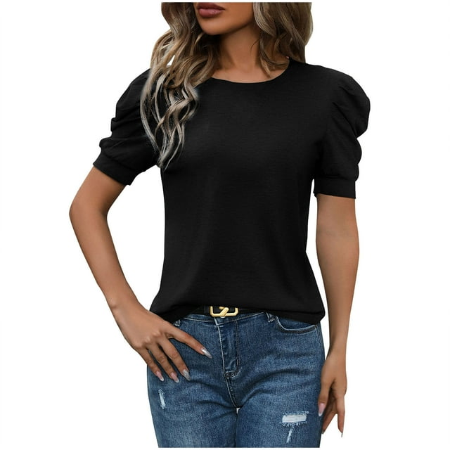 hotojiny Summer Tops for Women Fashion Crew Neck Work Office Shirts Soft Comfy Solid Color Puff Short Sleeve Tunic Blouse Spring Clothes