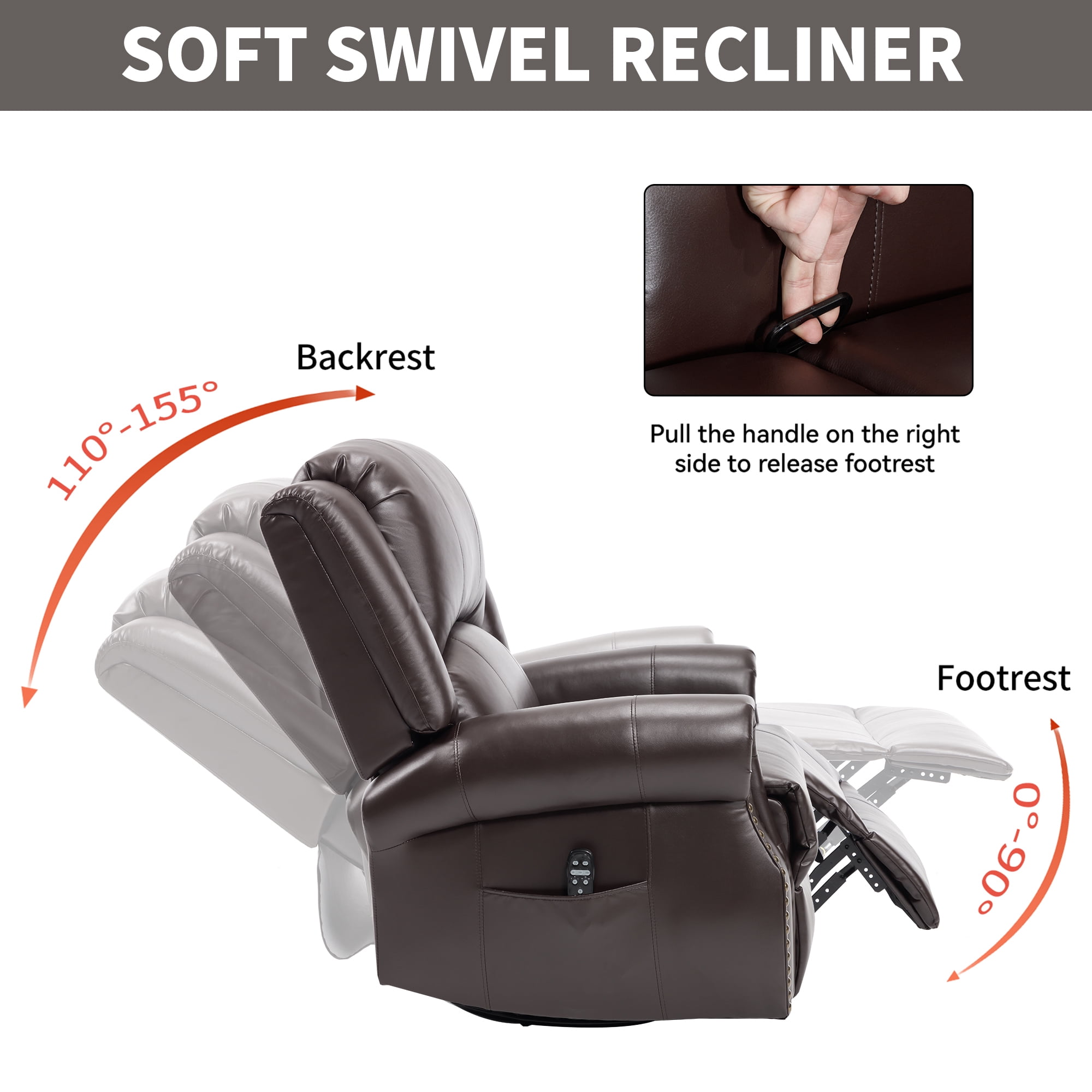 Leumius Oversized Swivel Recliner Chair for Adults,Swivel Rocker Recliner with Vibration Massage and Lumbar Heating for Living Room,Rivet Design,Brown