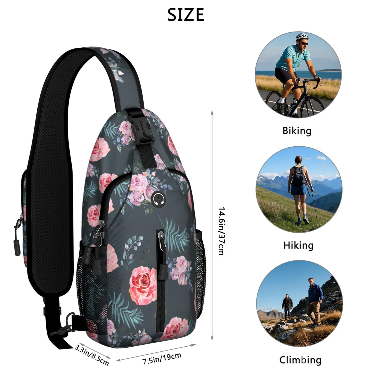 Rustic Cow Print Sling Backpack with Country Farmhouse Design – Black and White Buffalo Pattern Crossbody Bag Featuring Cute Cartoon Cows, Floral Texture, Vintage Aesthetic