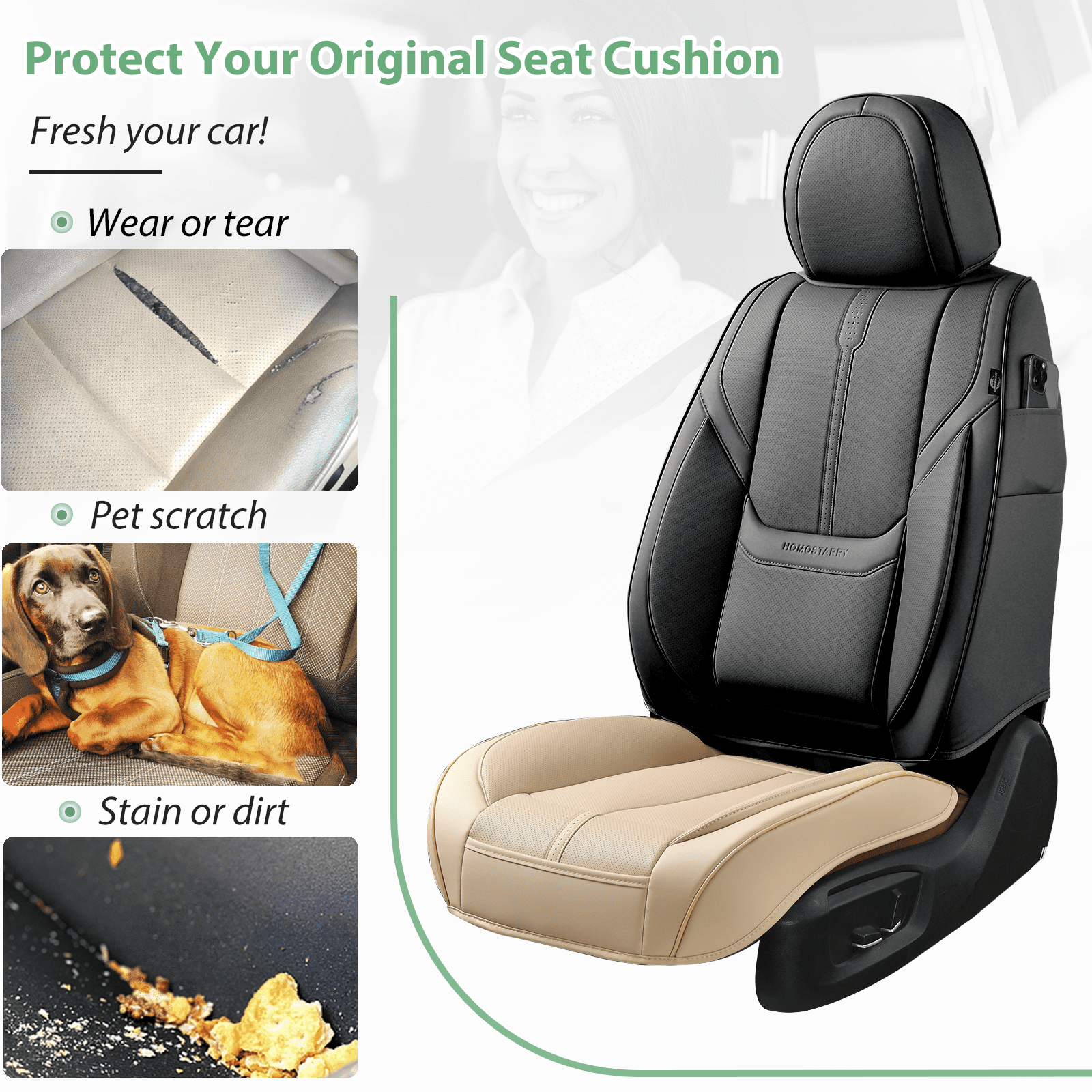 2 Pack Leather Front Car Seat Cover Bottom Only, Anti-Slip Padded Seat Cushion, Full Wrap Seat Protector with Storage Function Universal Fit for Most Cars, SUV, Pick-up Trucks (Beige)