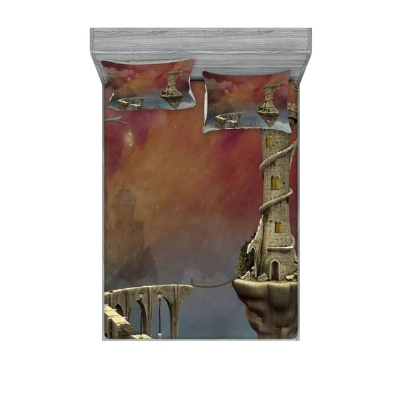 Ambesonne Fantasy Fitted Sheet & Pillow Sham Set, Medieval Castle, Queen, Burnt Sienna Blue and Tan