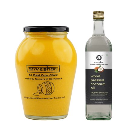 Anveshan A2 Desi Cow Ghee 1L and Wood Pressed Coconut Oil 1L | Combo Pack | Healthy and Natural | Cold Pressed