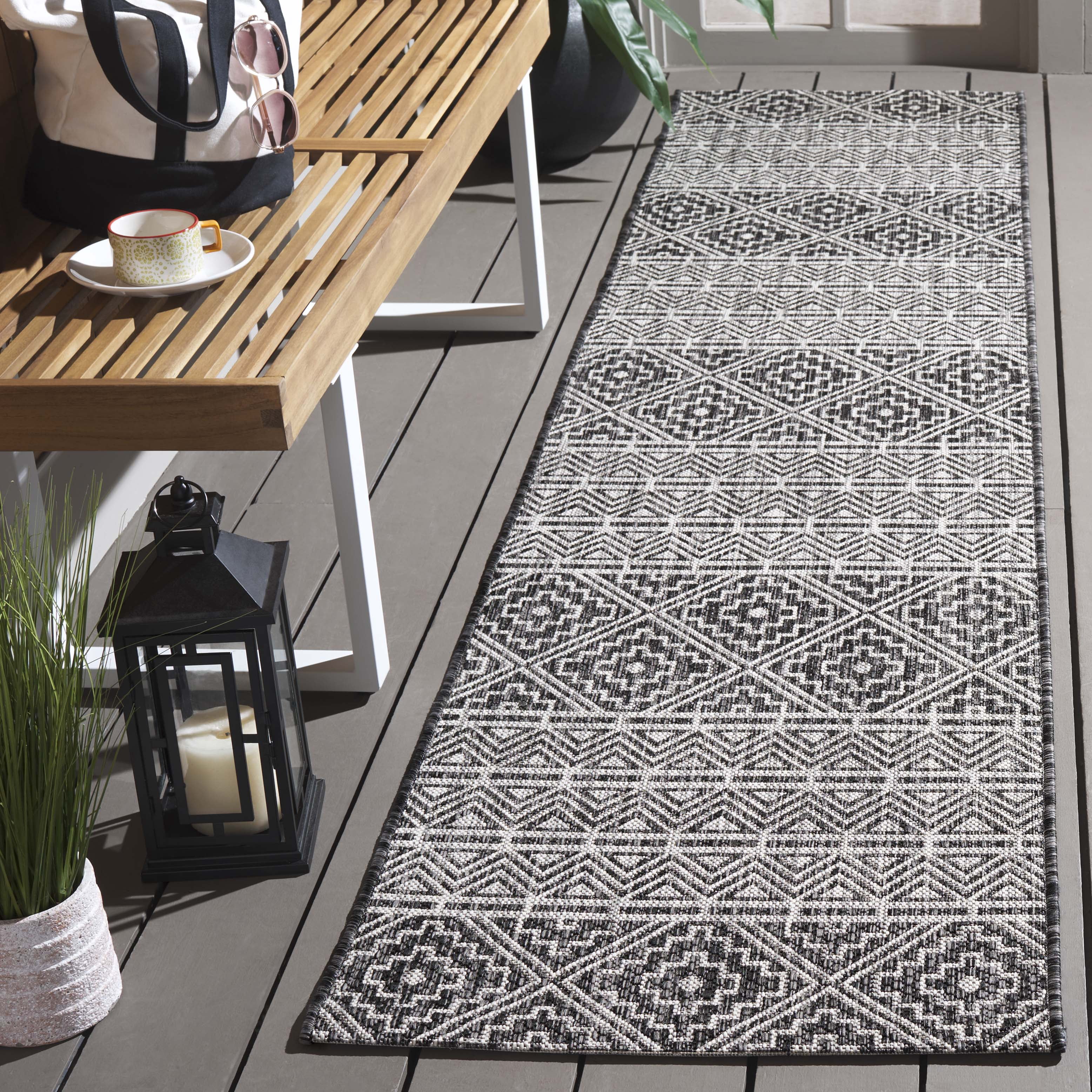 SAFAVIEH Courtyard Karen Geometric Indoor/Outdoor Runner Rug, Black/Grey, 2'3" x 10'