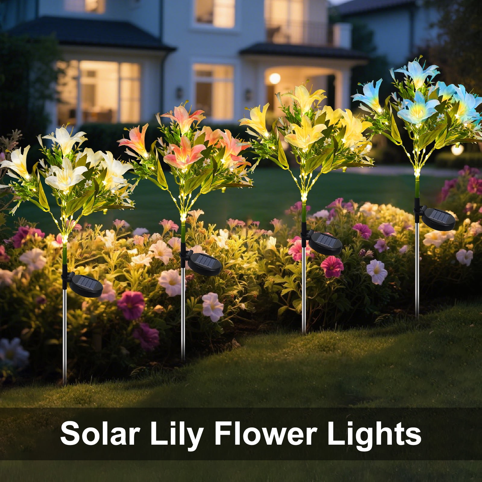 Solar Flower Lights Outdoor, 4 Pack Solar Powered Garden Lights with 28 Lily Flowers, Waterproof Pathway Lights for Outside Yard Patio Decor (Yellow, Blue, White, Pink)