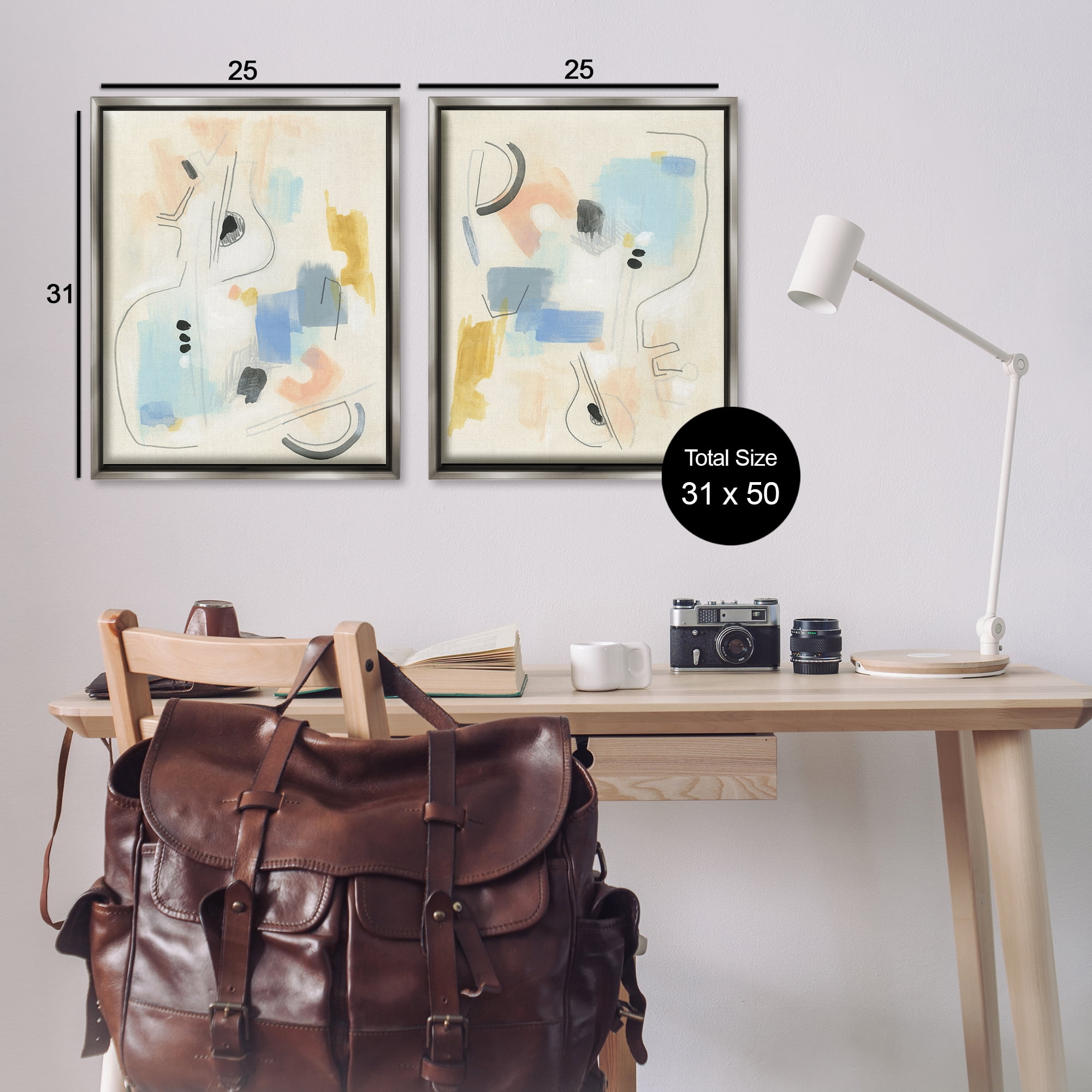 Stupell Industries Pastel Shapes Lines Patches Abstract Painting Gray Floater Framed Canvas Art Print Wall Art, 31 x 25, Set of 2