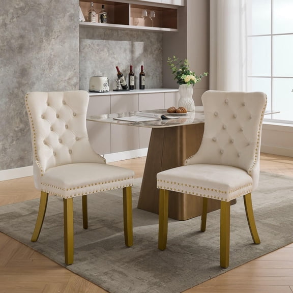 Dining Chairs A&A Furniture, Nikki Collection Modern, High-end Tufted Solid Wood Contemporary Velvet Upholstered Dining Chair with golden Wood Legs Nailhead Trim 2-Pcs Set, Milky White,SW1401MW,Wood
